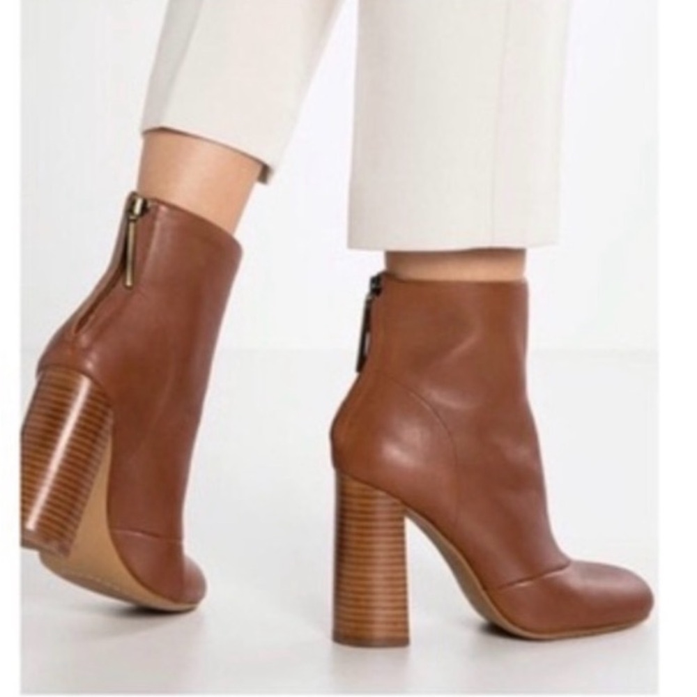 French Connection Brown Genuine Leather Block Heel Ankle Boots Zip Women US 9.5